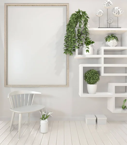 Mock up poster frame dan kabinet dan dekorasi tanaman pada putih — Stok Foto