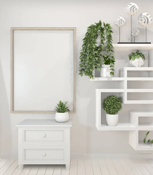 흰색에 포스터 프레임과 캐비닛 과 장식 식물을 조롱 — 스톡 사진