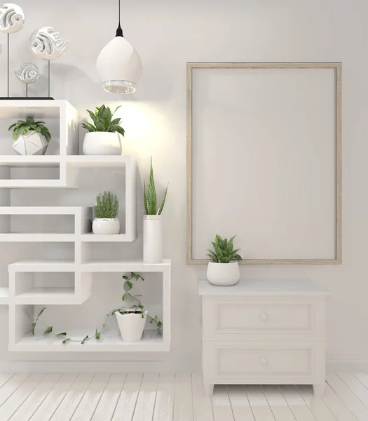 Mock up poster frame dan kabinet dan dekorasi tanaman pada putih — Stok Foto