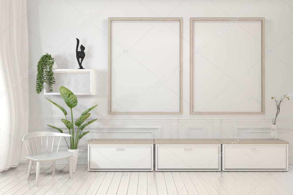 Mock up poster frame and cabinet and decoration plants on white 