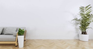 Basit zen oturma odası int çerçeveile beyaz kanepe üzerinde Poster