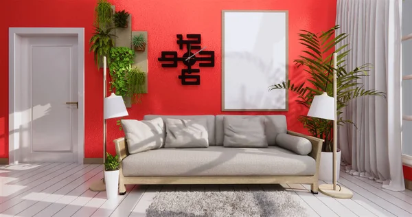 Mock up Sofá e moldura em estilo zen sala de estar coral, renderizar 3D — Fotografia de Stock