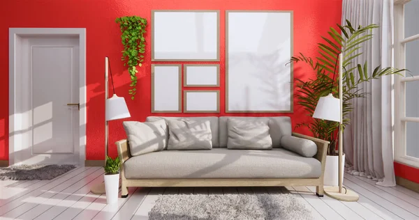 Makiety sofa i rama w stylu życia koralowych Zen styl, 3D Render — Zdjęcie stockowe