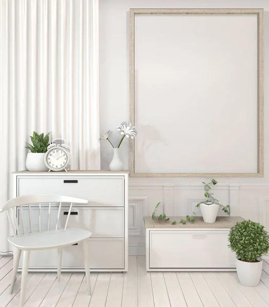 흰색에 포스터 프레임과 캐비닛 과 장식 식물을 조롱 — 스톡 사진