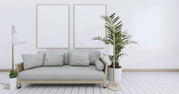 Poster über weißem Sofa mit Rahmen in einfachem Zen-Wohnzimmer int — Stockfoto