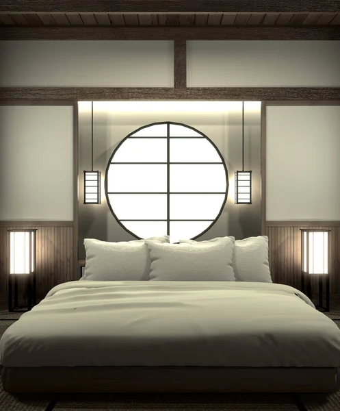 Dormitorio moderno zen diseño de interiores con decoración de estilo japonés — Foto de Stock