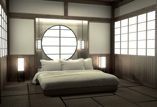 Kamar tidur modern zen desain interior dengan dekorasi Jepang styl — Stok Foto