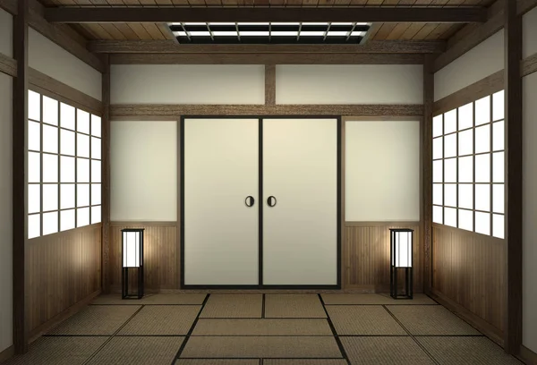 Ruangan kosong gaya Jepang dengan pintu style.3D rendering jepang — Stok Foto