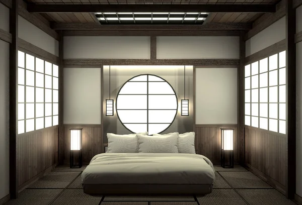 Dormitorio moderno zen diseño de interiores con decoración de estilo japonés — Foto de Stock