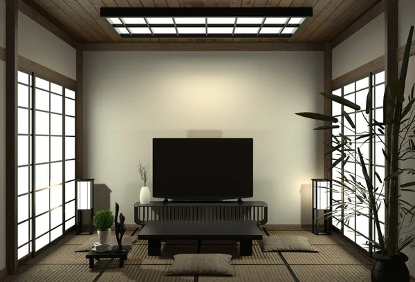 Smart Tv Mockup con schermo bianco nero appeso al mobile d — Foto Stock