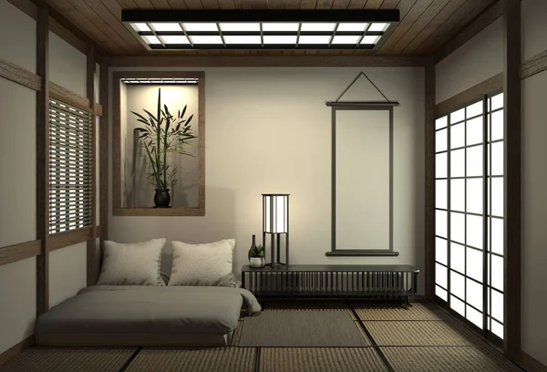 Moderní mírumilovná ložnice. ložnice ve stylu Zen a dekorace — Stock fotografie