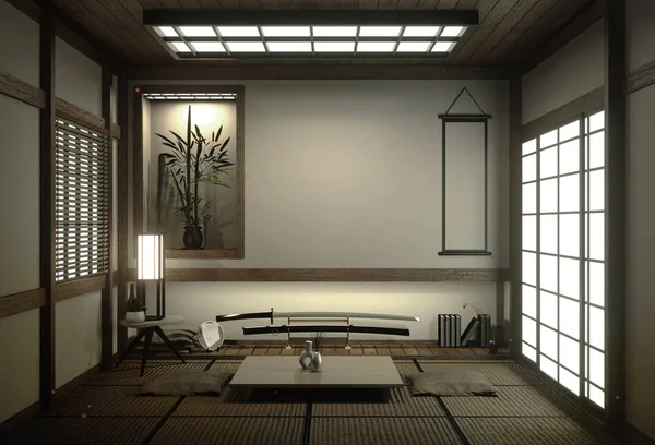 Japonský pokoj s rohožemi rohože a výzdobou japonského stylu byl — Stock fotografie