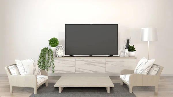 Smart Tv burla en zen sala de estar con decoraion estilo minimalista . — Foto de Stock