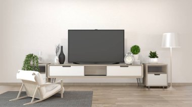 Dekor minimal tarzı ile zen oturma odasında Smart Tv Mockup.