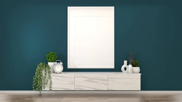 Mock up frame on granite cabinets in a dark green room and decor