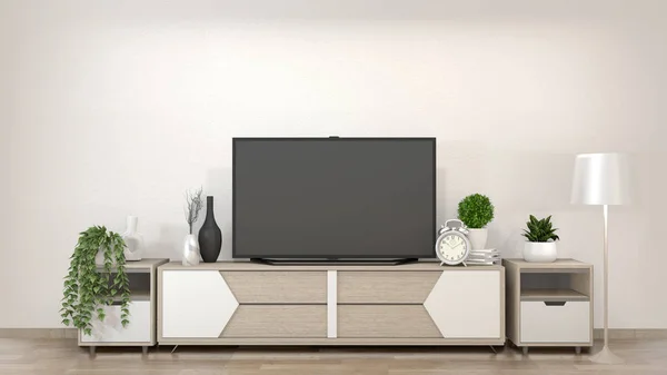 Smart TV mockup op Zen woonkamer met decoraion minimalistische stijl. — Stockfoto