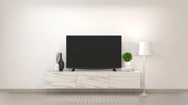 Smart TV mockup på Zen vardagsrum med decoraion minimal stil. — Stockfoto