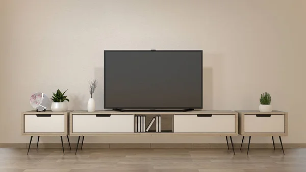 Smart Tv burla en zen sala de estar con decoraion estilo minimalista . — Foto de Stock