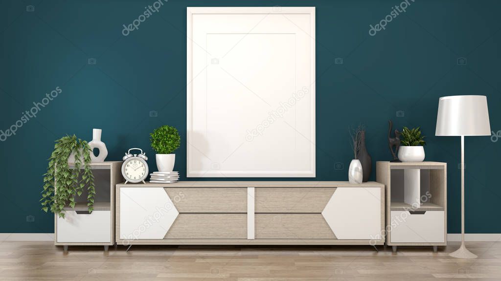 Mock up frame on wooden Cabinets TV in a dark green room and dec