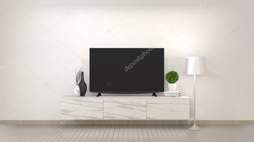 Smart Tv Mockup on zen living room with decoraion minimal style.