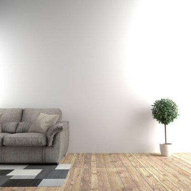 Boş duvar arka plan kanepe ve bitkileryanında beyaz oda. 3d 