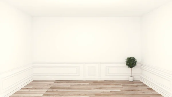 Tomt rum, rena rum, trägolv vit vägg bakgrund. 3D rämna — Stockfoto
