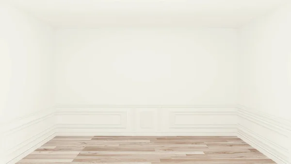 Camera vuota, camera pulita, pavimento in legno bianco sfondo della parete. Rend 3D — Foto Stock
