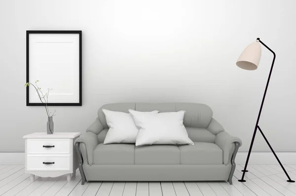 Η εσωτερική γκρι λάμπα καναπέ και το πλαίσιο σε άδειο λευκό τοίχο πίσω — Φωτογραφία Αρχείου