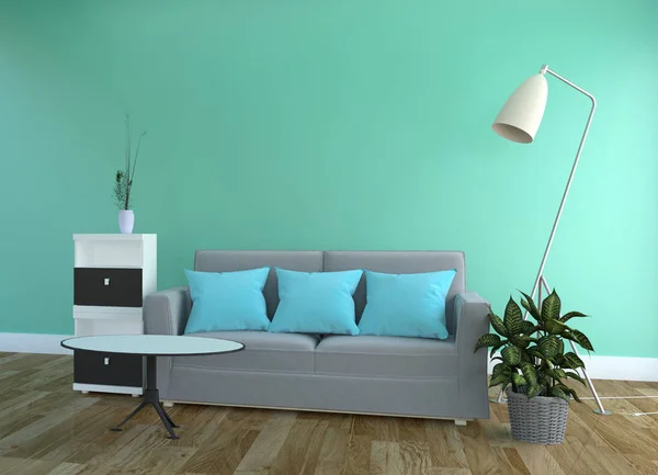 Πράσινος τοίχος δυόσμου-εσωτερικό σαλόνι με καναπέ σε ξύλινο δάπεδο. — Φωτογραφία Αρχείου