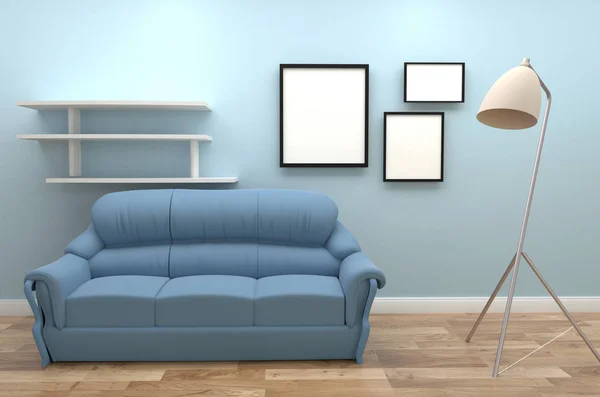 Modernes Interieur - blauer Stil mit Sofagestell und Lampe. 3d r — Stockfoto