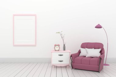 Modern oda dolap ile açık alanda pembe kanepe var, 3d render
