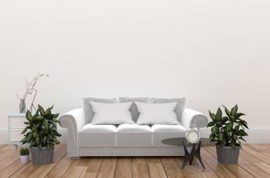 Kumaş kanepe ile beyaz oturma odası iç, lamba ve bitkiler 