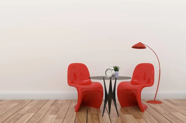 Κόκκινη καρέκλα και λάμπα RAD σε άδειο λευκό φόντο τοίχου. απόδοση 3D — Φωτογραφία Αρχείου