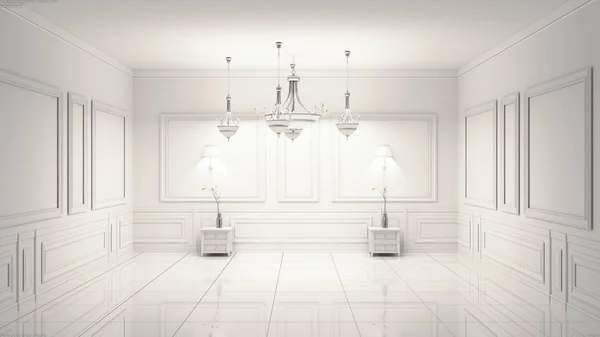 Nádherný klasický luxusní bílý interiér. prostorové vykreslování — Stock fotografie