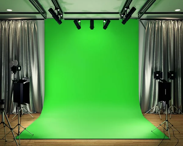 Studio BIg - Modern Film Studio with Green Screen (en inglés). Renderizado 3D — Foto de Stock