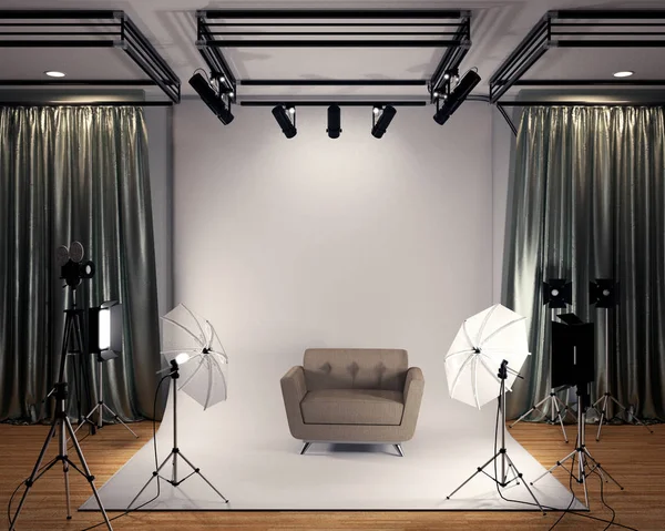 Studio BIg - Estudio de cine moderno con pantalla blanca. Renderizado 3D — Foto de Stock