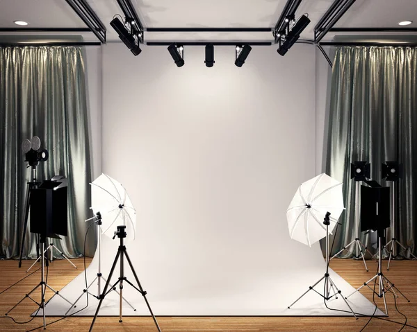 Studio BIg - Estudio de cine moderno con pantalla blanca. Renderizado 3D — Foto de Stock