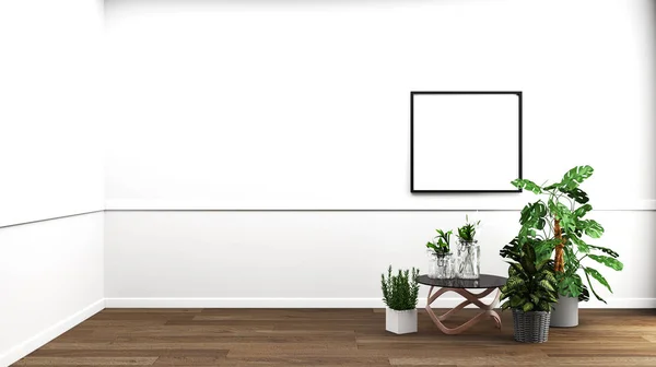 Salón Interior, plantas de madera sobre fondo de pared. Rende 3D — Foto de Stock