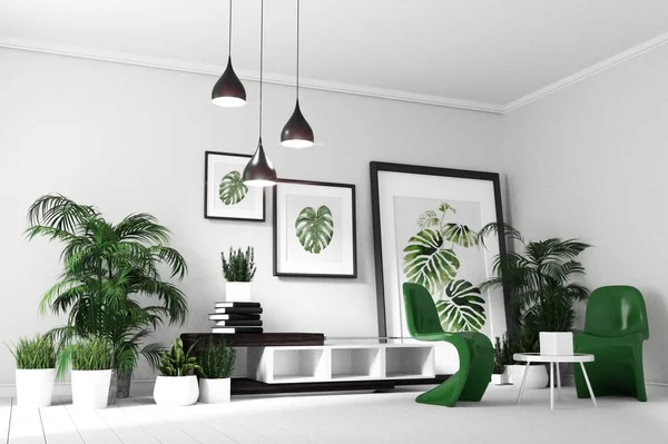 Skandynawski salon wnętrze pokoju nowoczesny styl tropikalny w — Zdjęcie stockowe
