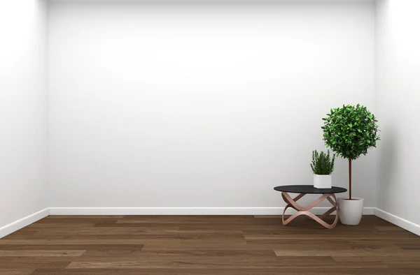 Salón Interior, plantas de madera sobre fondo de pared. Rende 3D —  Fotos de Stock