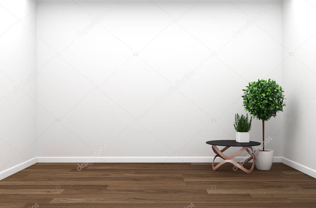 Living Room Interior ,plants wooden on wall background. 3D rende