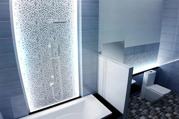 Salle de bain lumineuse Design carreaux bleu style moderne. rendu 3D — Photo