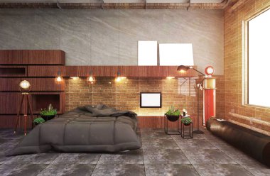 Kanepe ve yeşil bitkiler, lamba ile Modern Loft oturma odası iç