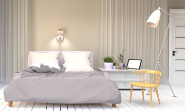Beyaz Yatak Odası - Ahşap sandalye lamba çerçeve tesisleri ile modern oda