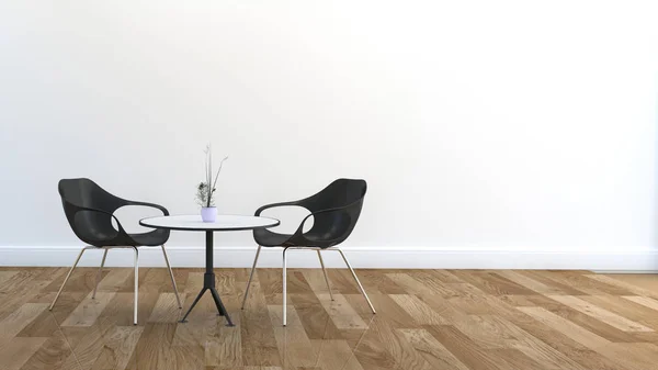 Dvě židle a jídelní stolek, dřevěná podlaha a bílá stěna. 3D re — Stock fotografie