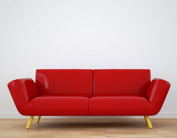 Red Sofa, Wooden floor on empty white wall background. 3D render