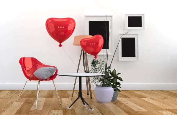 Cadeira vermelha e balões vermelhos, - Sala de estar piso de madeira interior — Fotografia de Stock