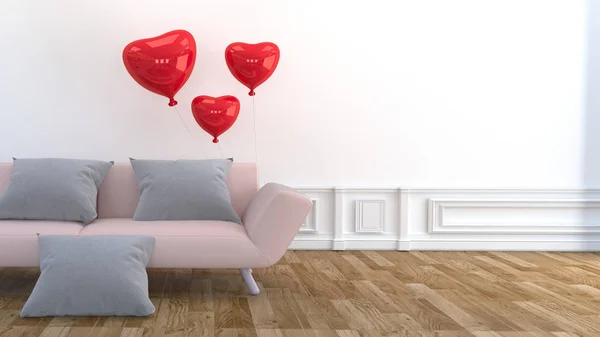 Design de sala de estar moderna - sofá rosa, travesseiro e balões, madeira — Fotografia de Stock