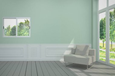 Mavi ışık duvarüzerinde beyaz sandalye ile minimalist iç. 3d Rend