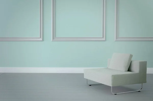 Minimalist interior ,white armchair on light blue wall. 3d rende